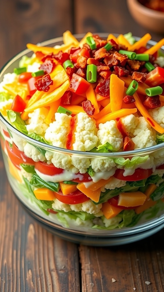 A layered salad with cauliflower, lettuce, tomatoes, bell peppers, and cheese in a glass bowl, garnished with bacon and green onions.